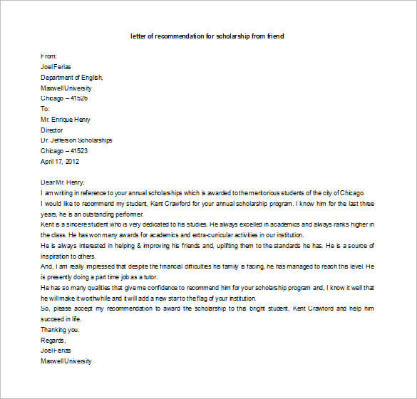 Recommendation Letter For Scholarship From Family Friend Recommendation Letter For Scholarship From Family Friend