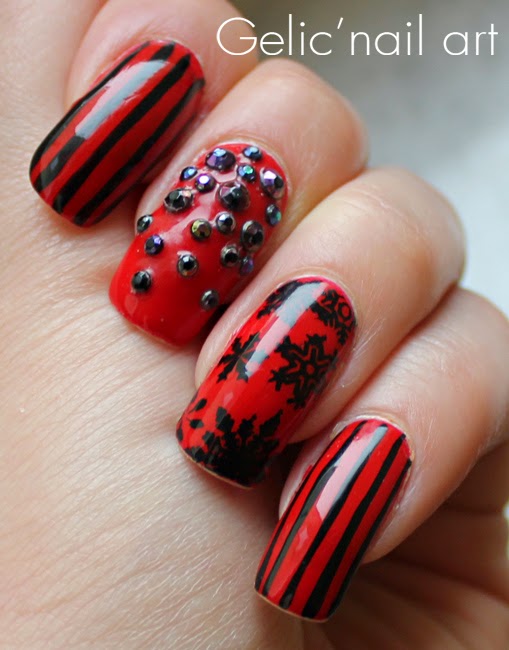 Gelic' nail art: Black and red snowflake nail art