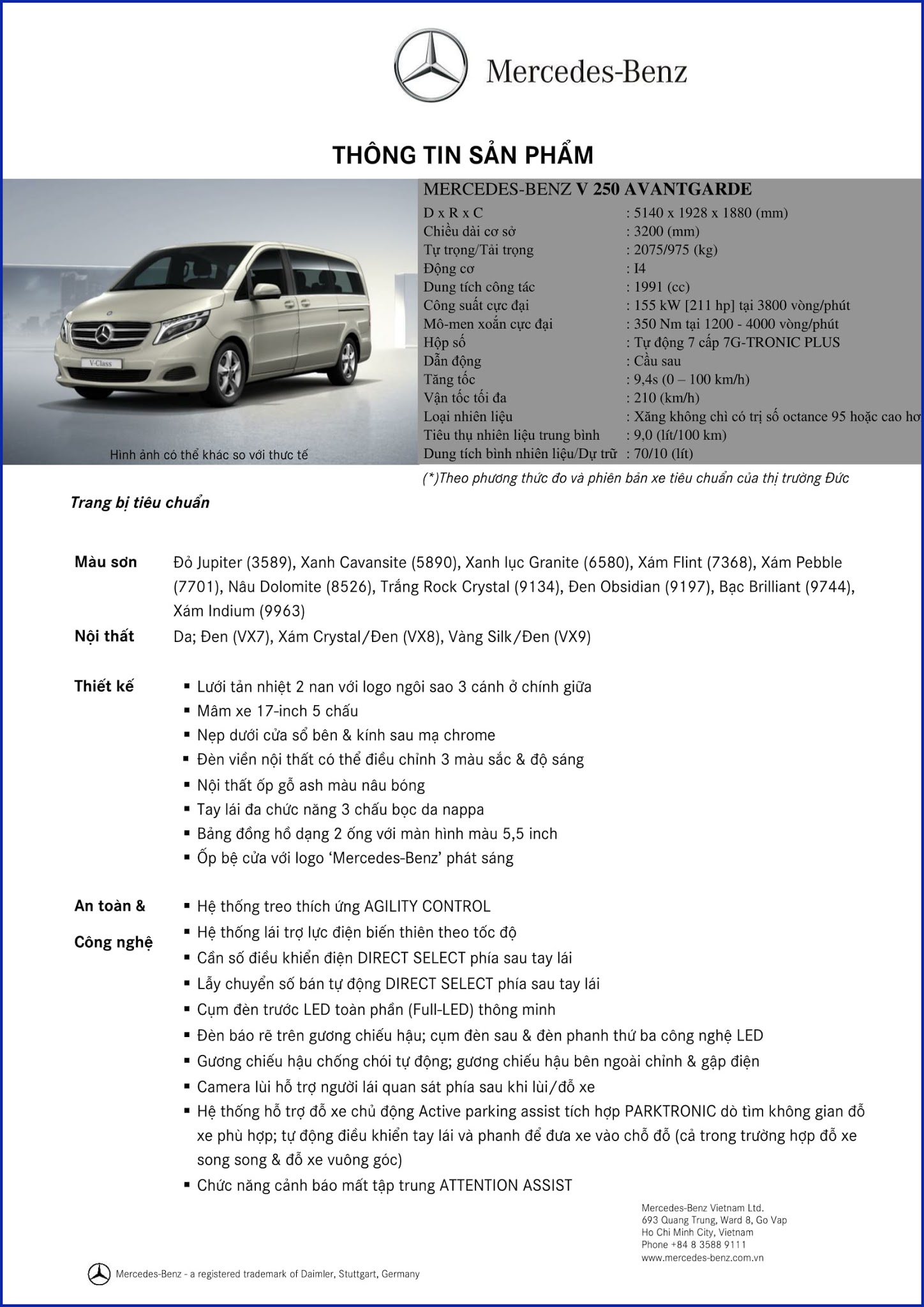 Bảng thông số kỹ thuật Mercedes V250 Avantgarde 2017 Bảng thông số kỹ thuật Mercedes V250 Avantgarde 2017 tại Mercedes Trường Chinh