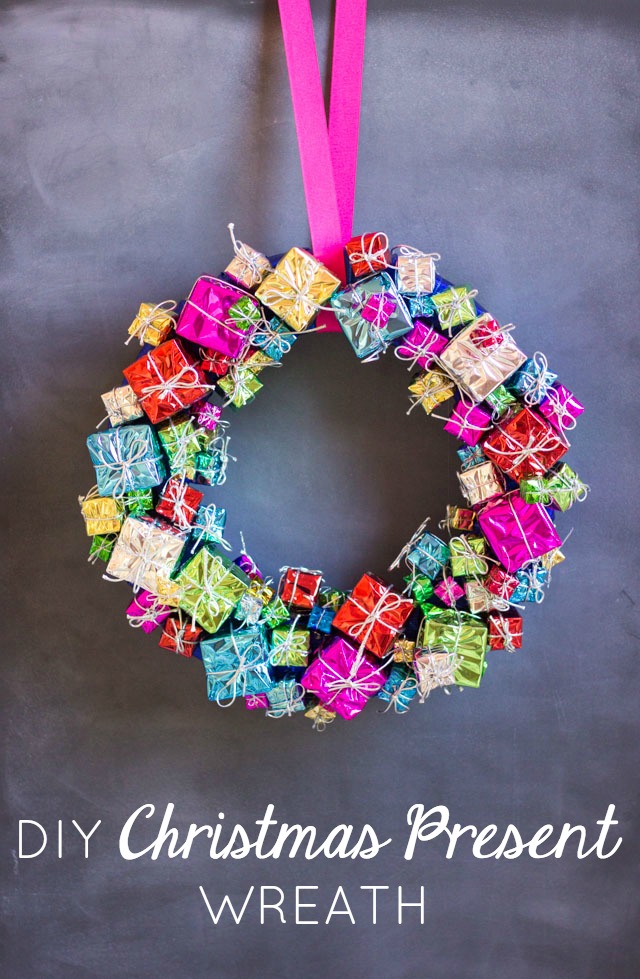 Create this gorgeous Christmas wreath with inexpensive present ornaments from the craft store! Create this gorgeous Christmas wreath with inexpensive present ornaments from the craft store!