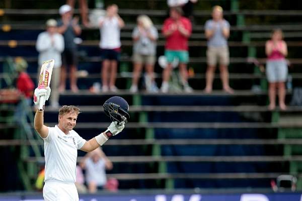 England's Joe Root celebrates reaching his century on day two of the third Test against South Africa in Johannesburg on January 15, 2016. © AFP
