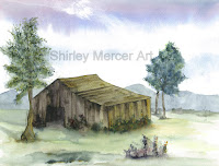 Watercolor landscape barn