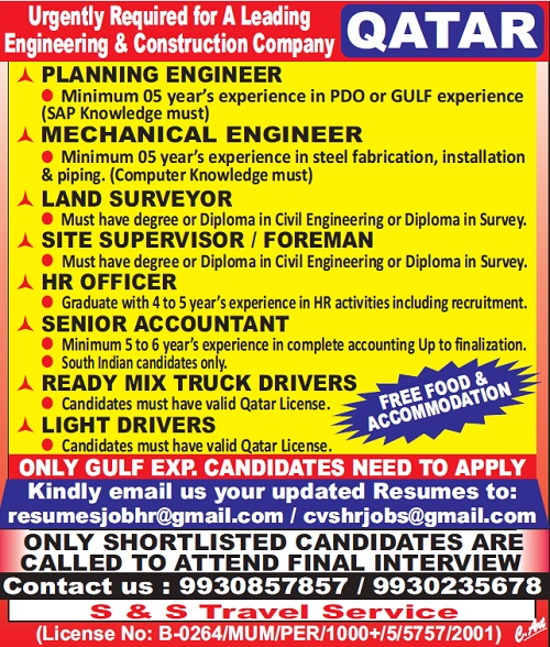 Qatar Jobs For a Leading Engineering & Construction Company S & S