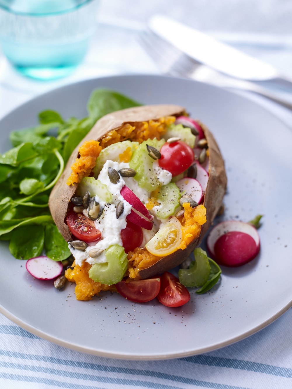 Sweet Potato Topped with Ricotta, Celery And Radish