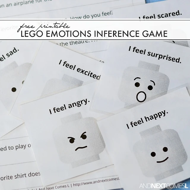 Free printable LEGO emotions inference game for kids from And Next Comes L