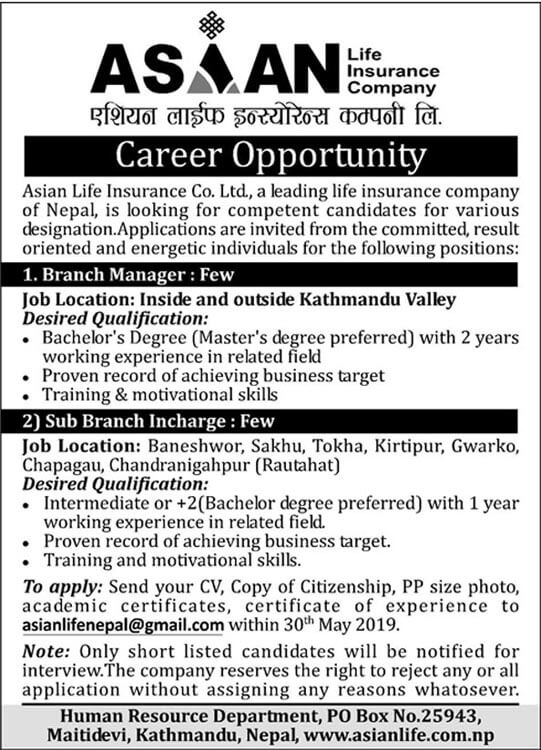 Career Opportunity at Asian Life Insurance Co. Ltd. Career Opportunity at Asian Life Insurance Co. Ltd.