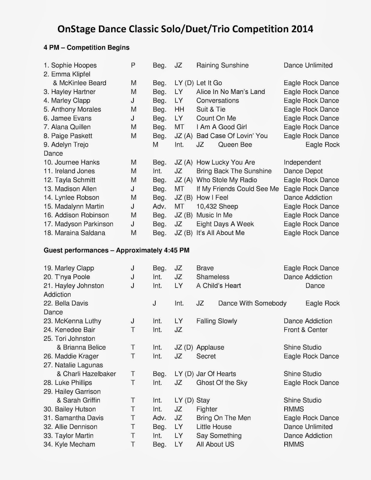 Onstage Dance Competitions Onstage Letter and Schedules 2014