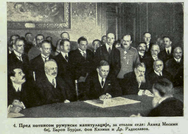 Immediately before the signing of the Romanian Capitulation. Messimy Bey, Baron Burian, von Kuhlmann and Dr. Radoslavov