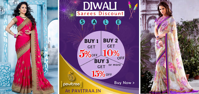 Diwali Festival Discount Offer Buy 1 Saree Get 5% Off Buy 2 Sarees Get 10% Off Buy 3 Sarees Get 15% Off on Sarees Online 2015 at Pavitraa.in