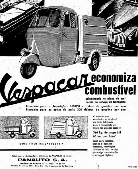 Propaganda do veículo híbrido de moto com carro, nos anos 60: Vespacar.