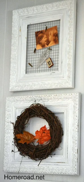 White frames decorated for fall.