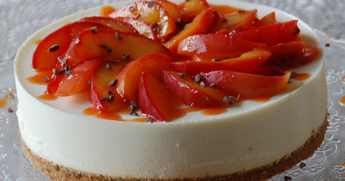 Nectarine yoghurttaart met chocolat chip koekjes bodem