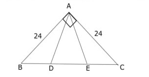 A right angled triangle with sides AB = AC = 24 , is cut into three parts of equal area as shown in the figure given below . Find the sum of perimeters of all the triangles in the figure.