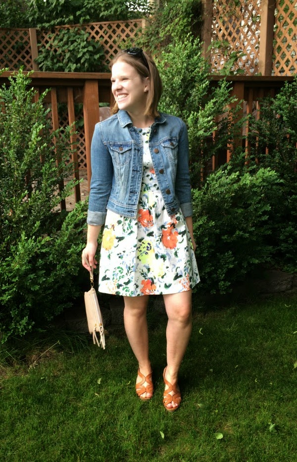 Dressing for a Wedding | Something Good, gap dress, floral dress, tan wedges, jean jacket, american eagle outfitters jacket, raybans