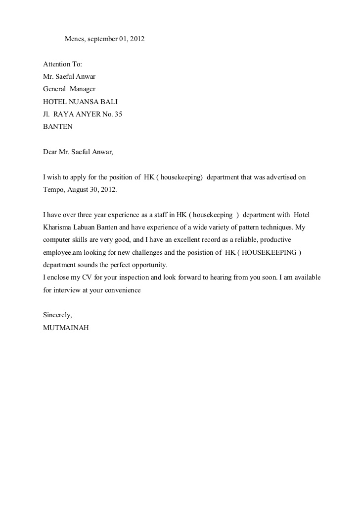 Ben Jobs Contoh Surat Lamaran Kerja Housekeeping