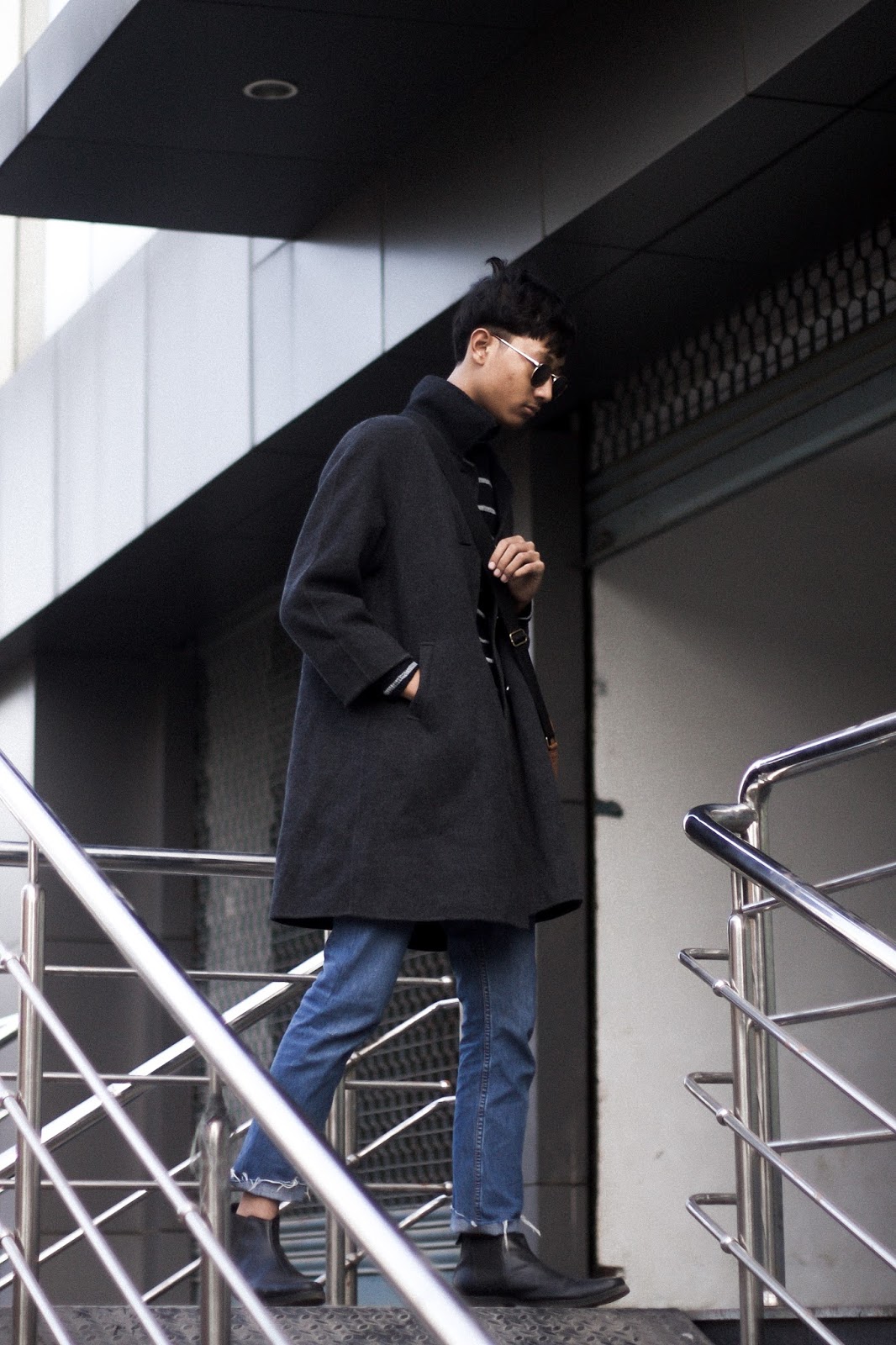 TheQuirkyMinimal by Kangkan Rabha Indian Menswear & Lifestyle blog Wering Thrifted Coat, DIY Jeans, Turtle neck sweater, ASOS Messenger bag & sunglasses, Koovs Boots