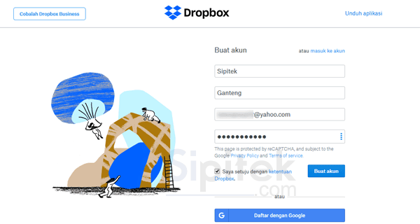 Formulir pendaftaran akun Dropbox Formulir pendaftaran akun Dropbox