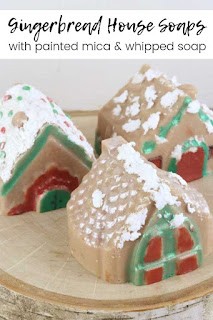 Looking for soap making ideas?  Make this whimsical gingerbread house with melt and pour soap!  Learn how to make your own soap, including whipped soap for icing, for this whimsical gingerbread house  This gingerbread dyi turned out so cute!  This diy soap making projet is fun for idss of all ages.  #soap #soapmaking #gingerbread #houses #gingerbreadhouses