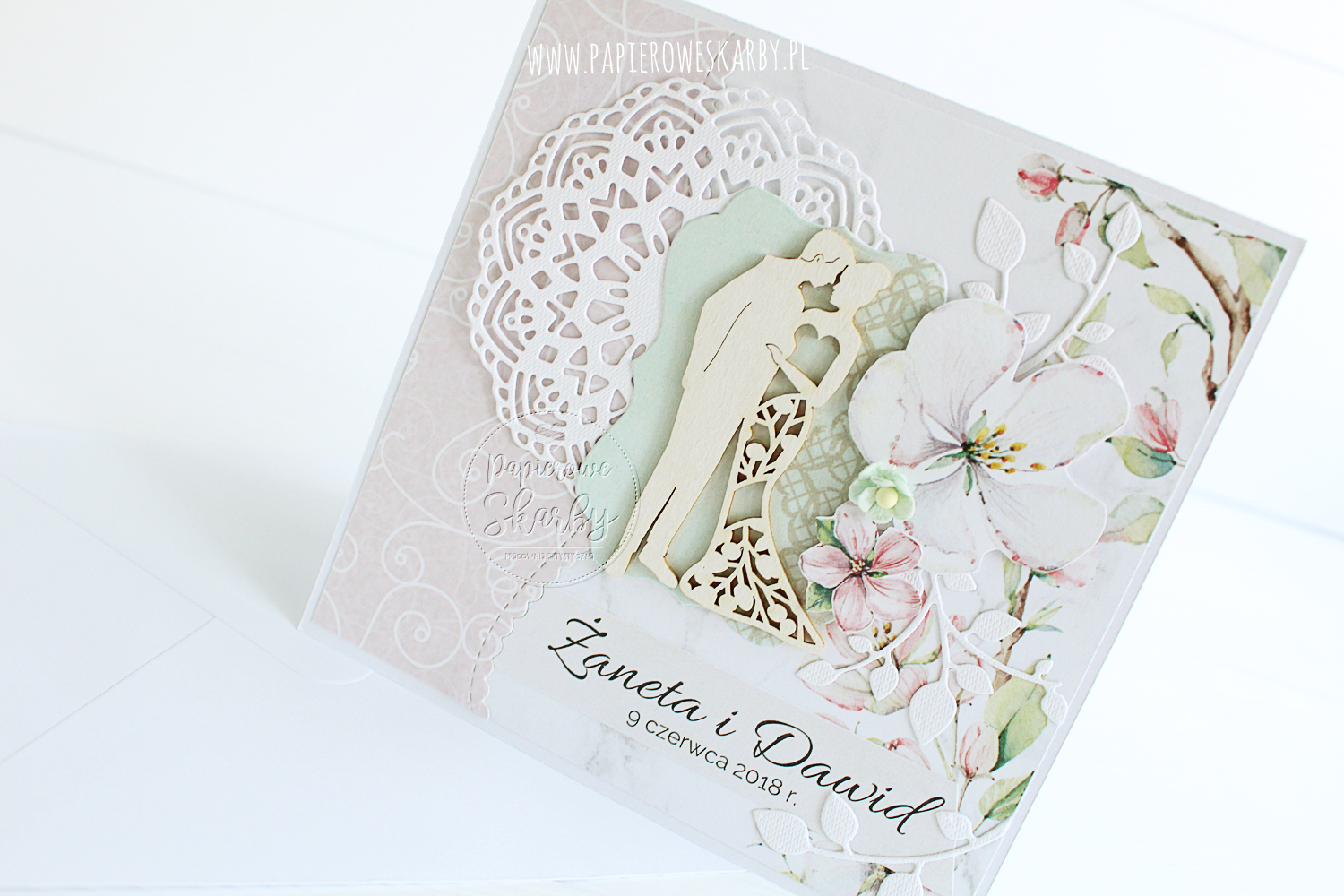 scrapbooking cardmaking rękodzieło kartka karteczka ślub ślubna gratulacyjna okolicznościowa dla młodej pary prezent card wedding pastelowa róż mięta szarość rajska jabłoń
