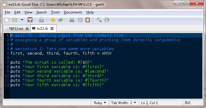 TESTHEAD: Exercise 13: Parameters, Unpacking, Variables: Learn Ruby the ...