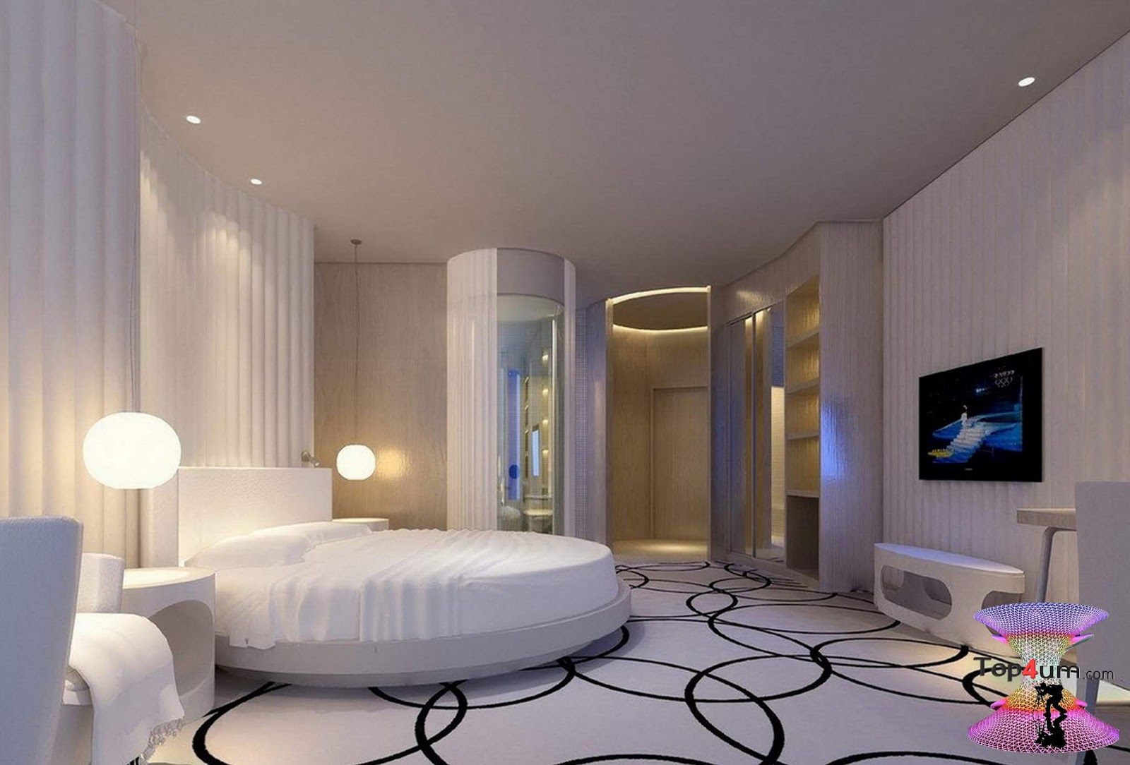 Красивые современные комнаты. Современная спальная комната. Дизайнерская спальня. Круглая кровать в интерьере спальни. Красивая комната.