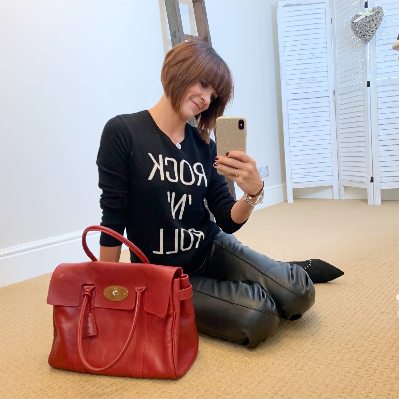 my midlife fashion, hush rock n roll cashmere jumper, marks and spencer straight leg leather trousers, carvela pose stud detail kitten heel ankle boots, mulberry bayswater tote