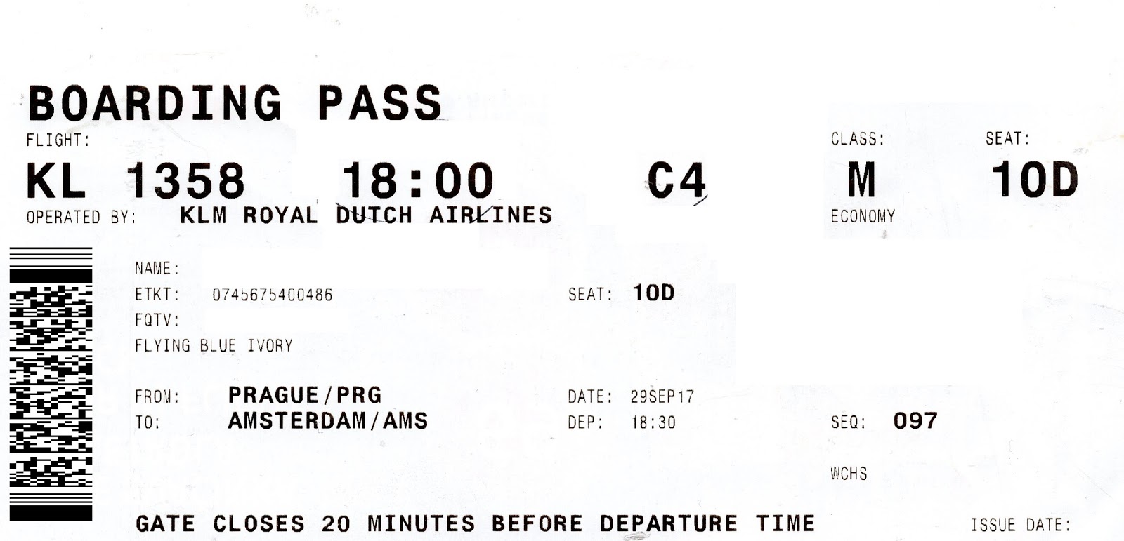 The traveler's drawer KLM. Boarding pass for the flight KL1358 from