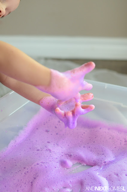 Soap foam sensory play that's lavender scented