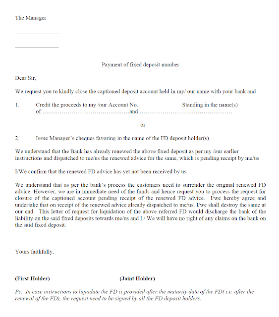 application letter for premature withdrawal of fixed deposit