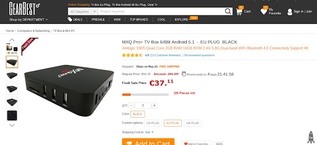 Promozione Gearbest: MXQ Pro+ TV Box 64Bit 2 GB RAM a soli 37 euro