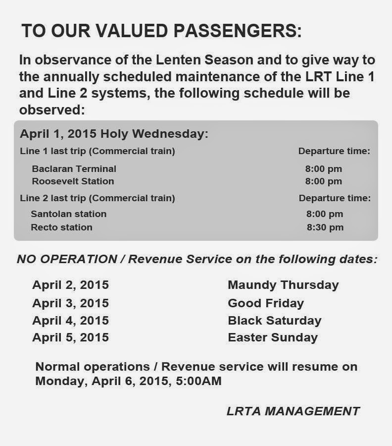 LRT holy week 2015 schedule