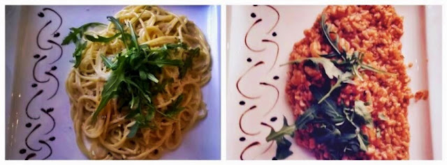 Spaghetti alla gorgonzola i Risotto scampi Restauracja Estella
