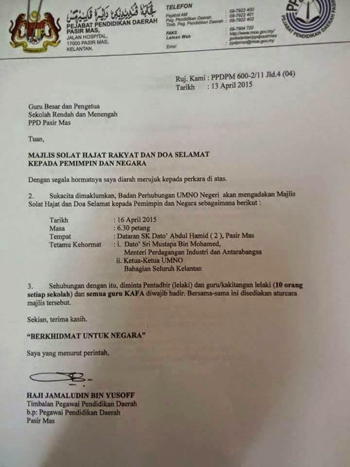 Surat UMNO Anjur Solat Hajat Tapi Minta Penjawat Awam 