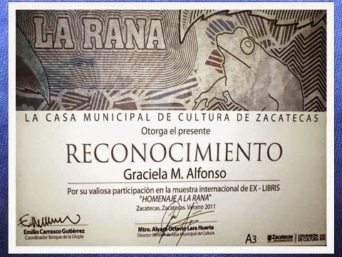 "Diploma Reconocimiento Ex-Libris Casa Municipal de Cultura de Zacatecas"