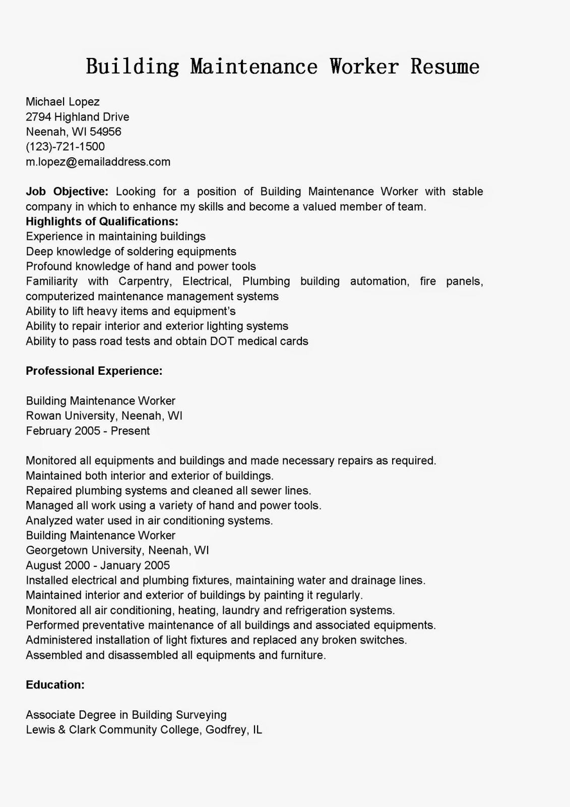 resume objective examples maintenance
