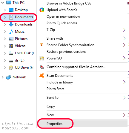 documents location folder change windows properties select