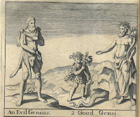 an engraving that shows An Evil Genius on the left, who looks like a bearded man wrapped in an animal skin; and "2 Good Genii" on the right, both holding what appear to be cornucopia and wearing laurel garlands. The left-most of the two appears to be a young child while the right-most is a bearded man.