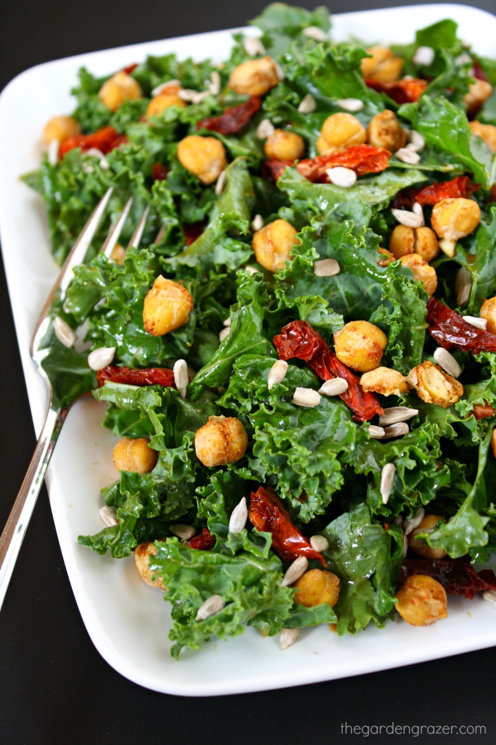 The Garden Grazer Kale Salad with SunDried Tomatoes & Roasted Chickpeas