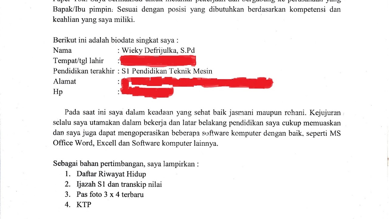 Contoh Surat Lamaran Kerja Yang Benar