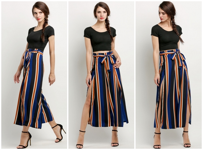 Dresslink 2016 Summer, Fashion Women High Waist Slit Long Wide Leg Casual Pants Trousers Lavish Alice 2016 Summer Navy & Terracotta Stripe Print Split Side Wide Leg Trouser