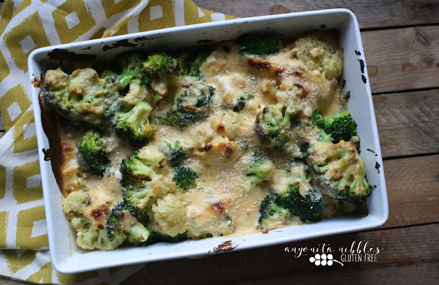 Indulget and comforting broccoli and cauliflower casserole is cheesy and a family pleasing recipe from Anyonita Nibbles