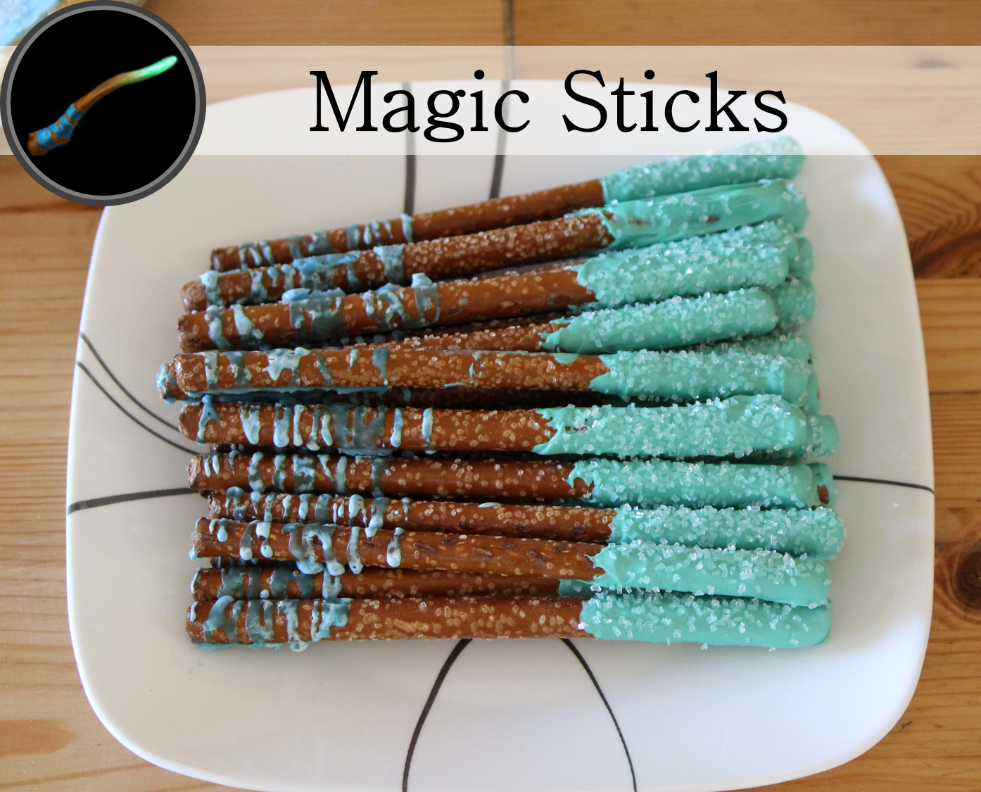 Jumbo pretzels with turquoise candy melts, sprinkles and icing sugar decorations