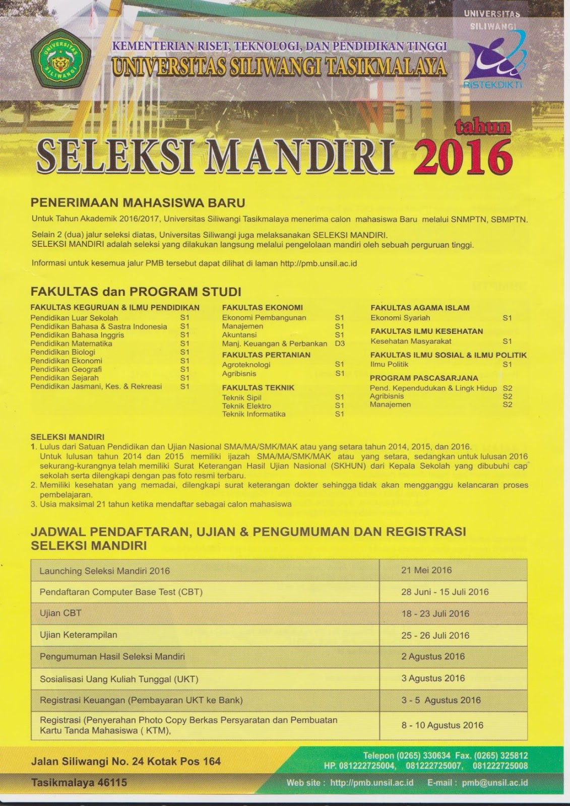 INFO PMB JALUR MANDIRI UNIVERSITAS SILIWANGI DLM UNSIL