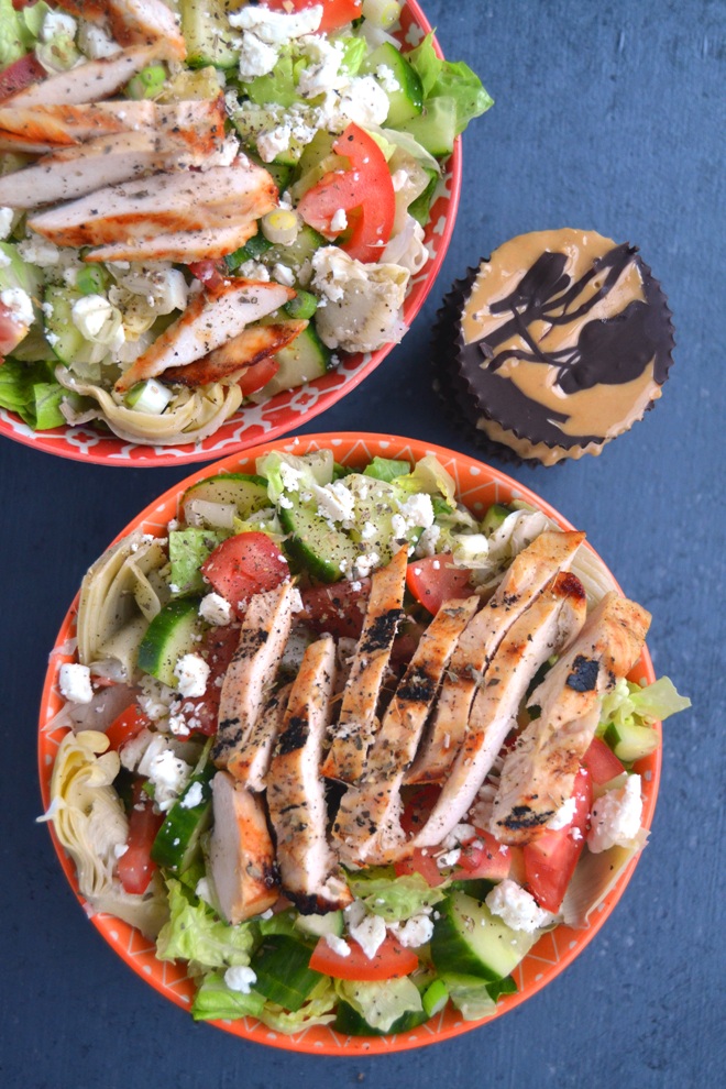 Greek Chicken Salad is loaded with grilled chicken, artichokes, cucumbers, tomatoes, feta and a delicious!
