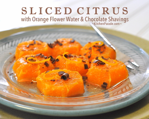 Citrus Slices with Orange Flower Water, Spices & Chocolate Shavings ♥ KitchenParade.com, a simple summer dessert, just orange slices steeped in a little orange flower water and showered with chocolate shavings.