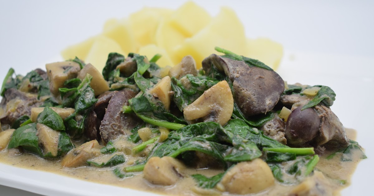 Chicken livers with spinach and mushrooms Kippenlevertjes met spinazie en champignons