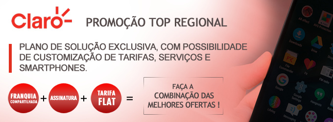 A Promoção Top Regional é um plano de telefonia móvel da Claro de solução exclusiva, com possibilidade de customizar tarifas, serviços e smartphones. Informações ligue(11) 2823-6823