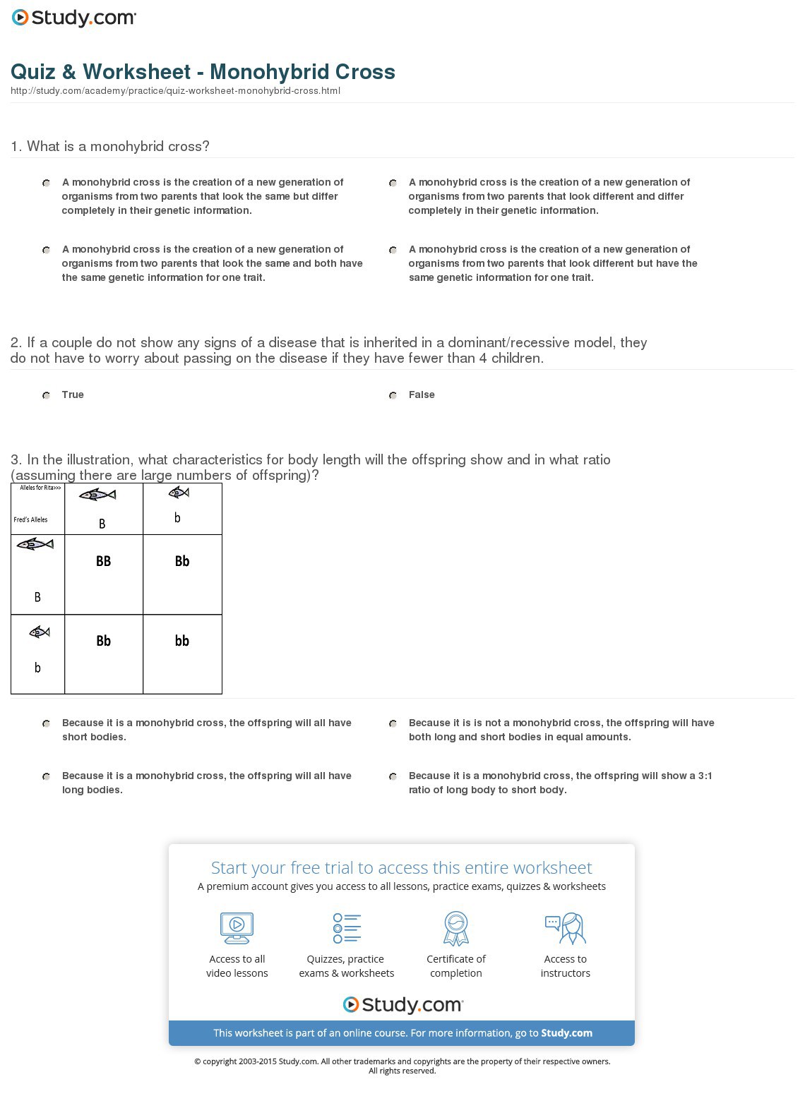 monohybrid cross worksheet Intended For Monohybrid Crosses Worksheet Answers