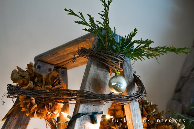 A treeless ladder Christmas tree, decorated with twig garland and hydrangeas, by Funky Junk Interiors A treeless ladder Christmas tree, decorated with twig garland and hydrangeas, by Funky Junk Interiors