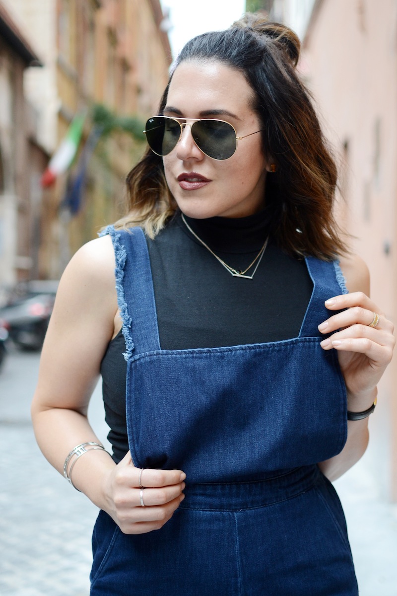 Italy travel outfit Zara denim culotte overalls Vancouver blogger Dune London gold gladiator sandals